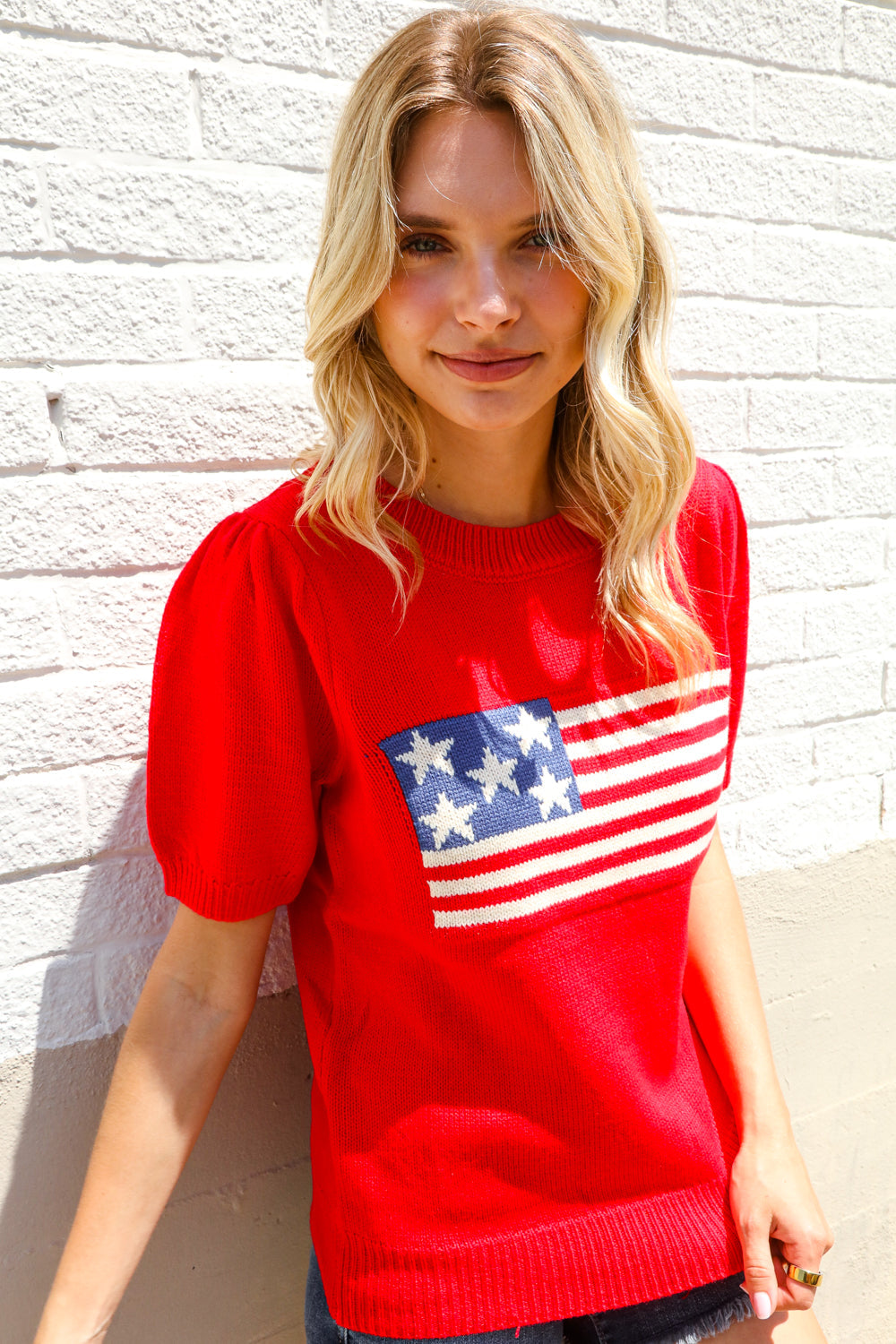 American Flag Bubble Short Sleeve Jacquard Sweater Knit Pullover