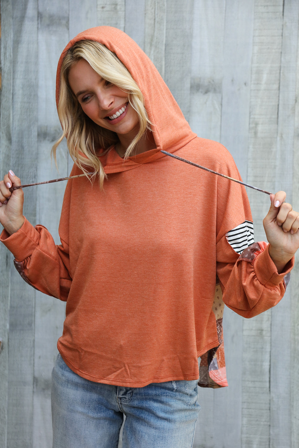 Patch Me Later Rust French Terry High Low Hoodie