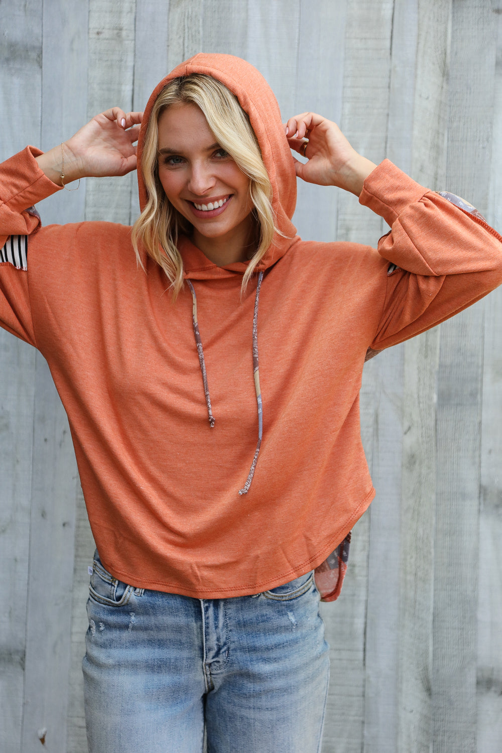 Patch Me Later Rust French Terry High Low Hoodie