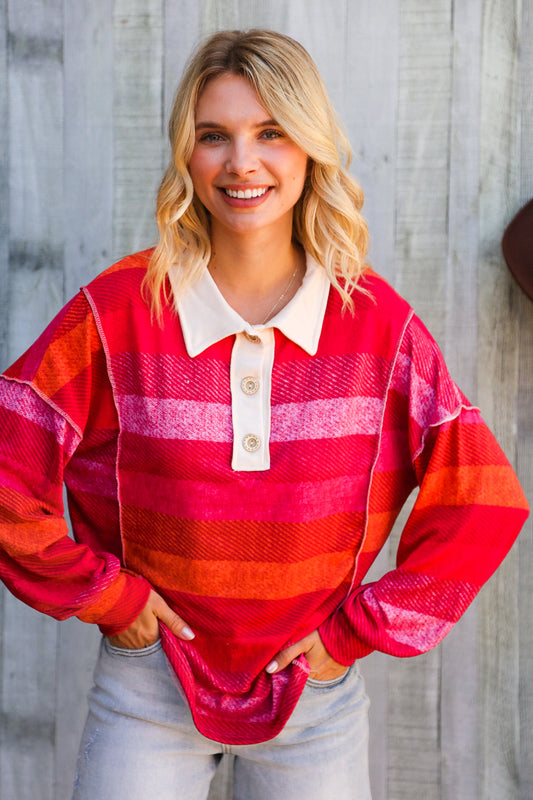 Berry Bright Days Striped Collared Reverse Seem Placket