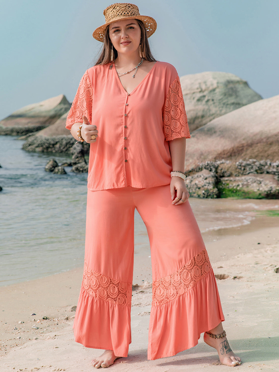 Plus Size Button Up Half Sleeve Top and Pants Set - Shop All Around Divas