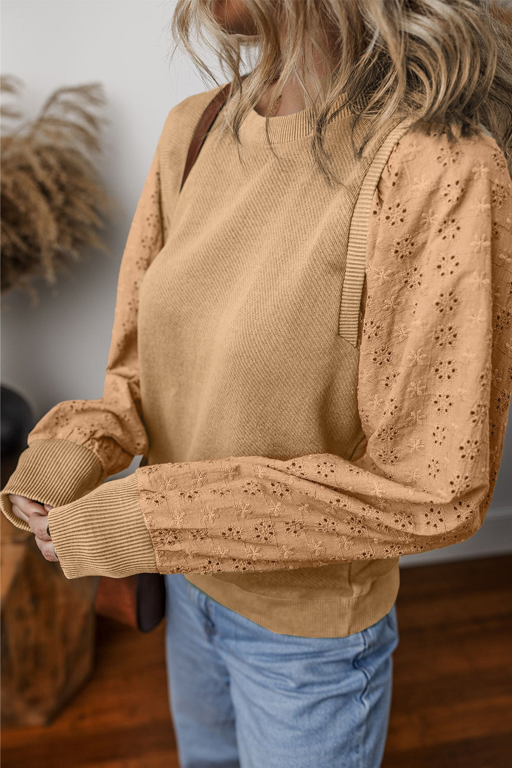 Eyelet Round Neck Long Sleeve Sweatshirt - 5 colors Trendsi