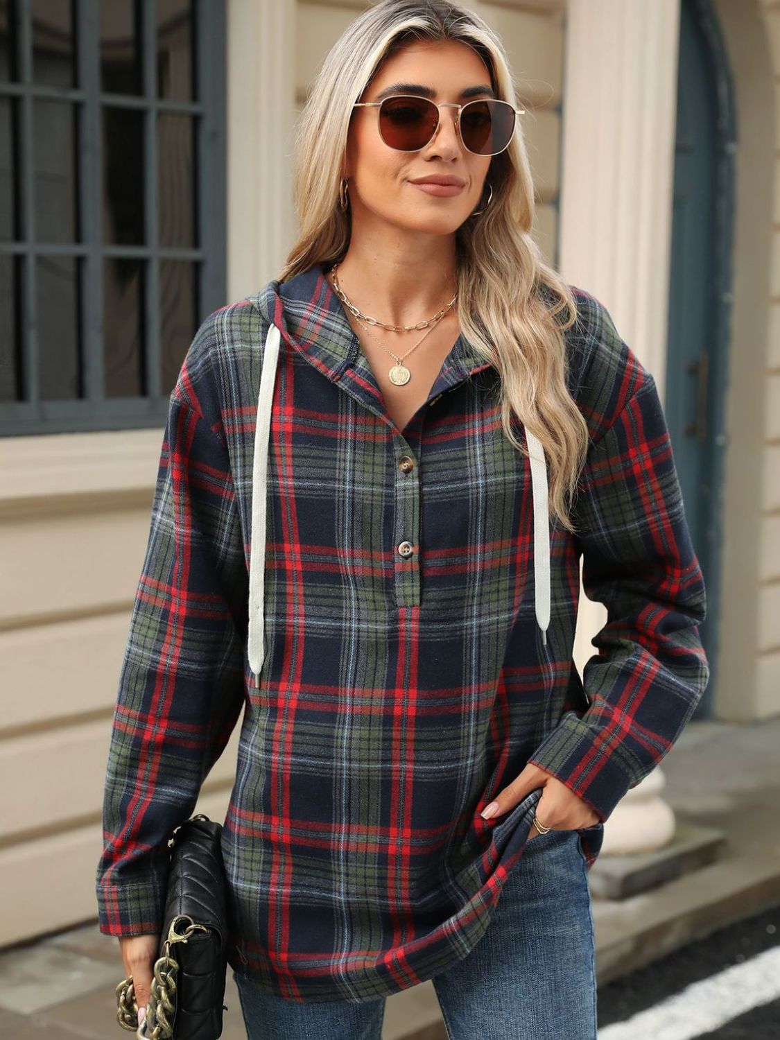 Drawstring Plaid Hooded Long Sleeve Top - 3 Colors