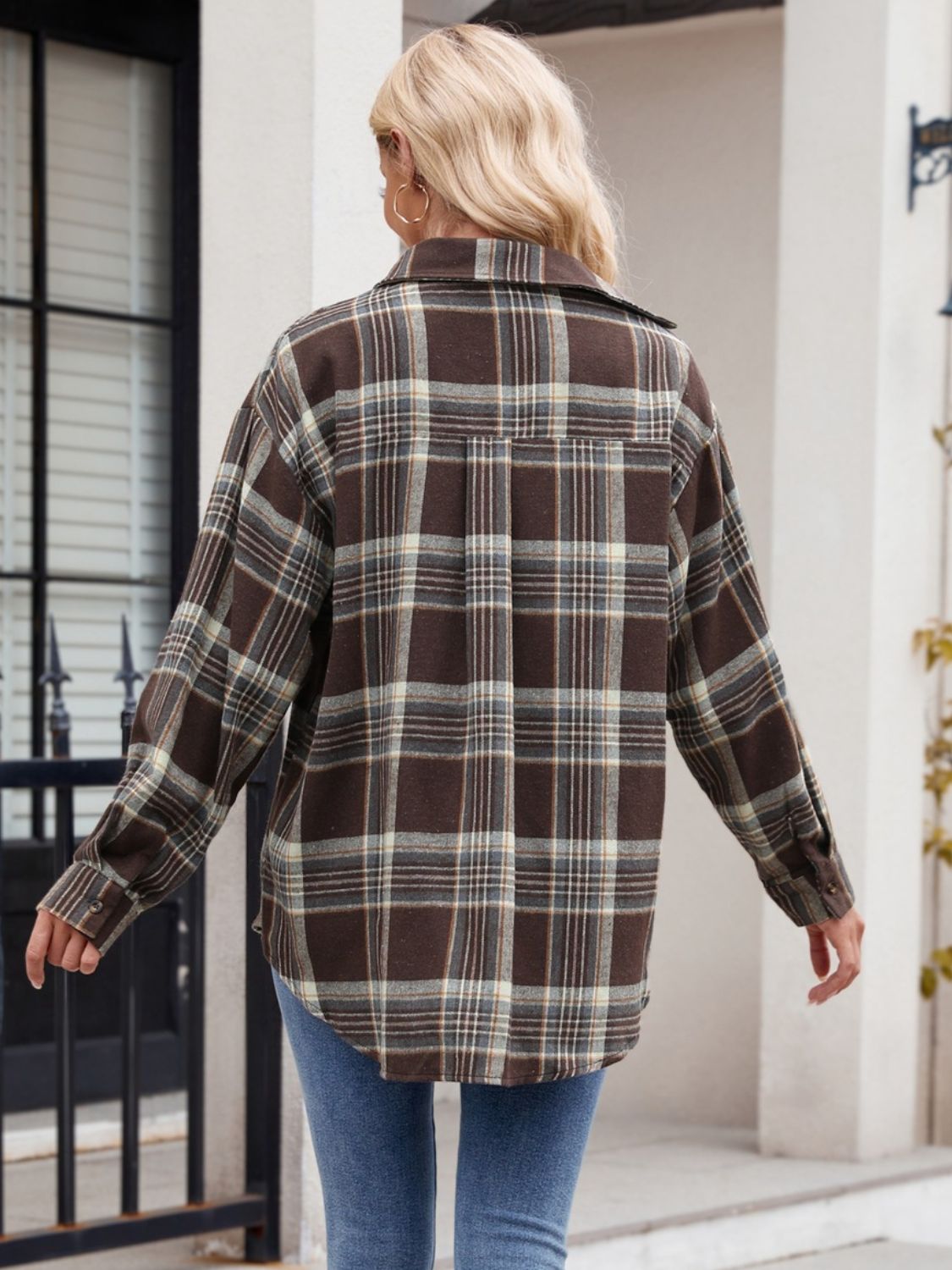 Pocketed Plaid Collared Neck Long Sleeve Shirt- 6 Styles Trendsi