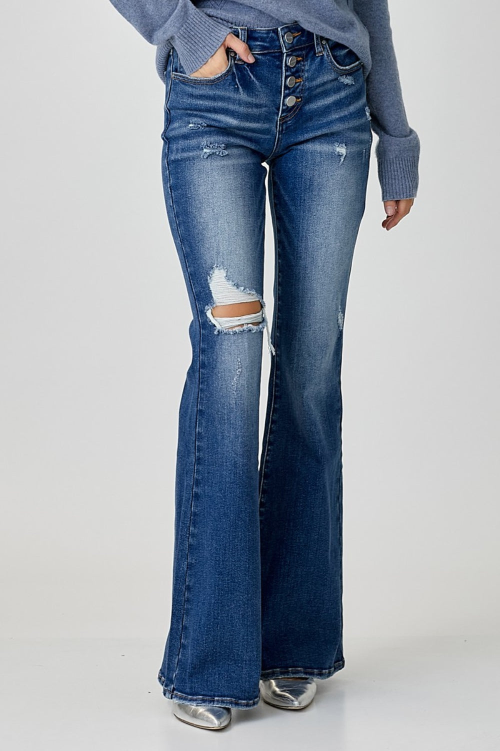 RISEN Change of Plans Distressed Button-Fly Flare Jeans Trendsi