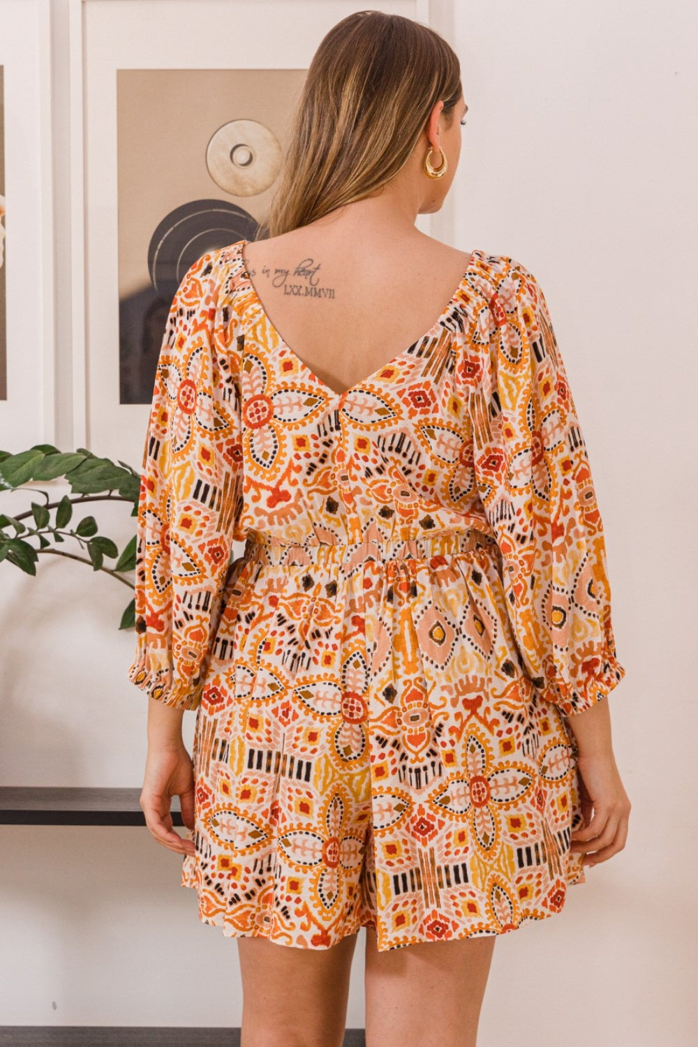 ODDI Full Size Printed Ruff Sleeve Romper with Pockets - Shop All Around Divas