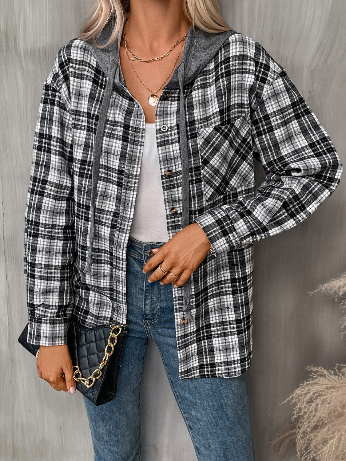 Plaid Long Sleeve Hooded Jacket - 5 Colors Trendsi