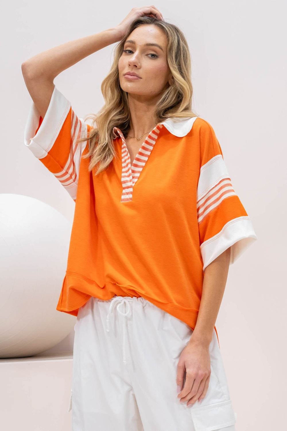 Hailey & Co Full Size Contrast Stripe Polo Shirt - Shop All Around Divas