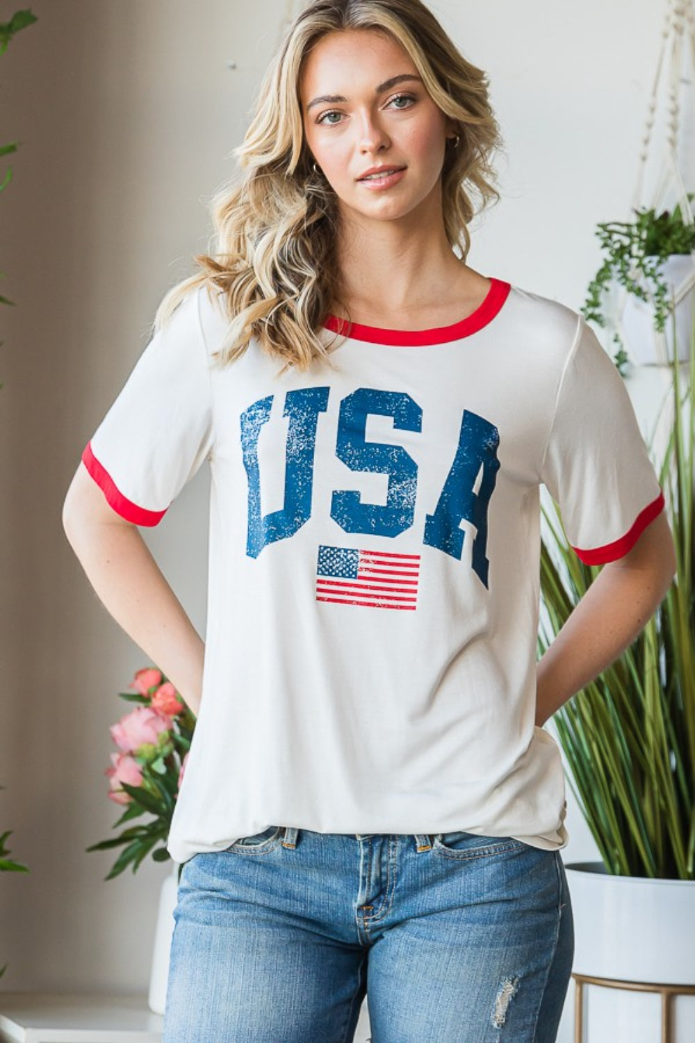 Heimish Full Size USA Contrast Trim Short Sleeve T-Shirt - Shop All Around Divas