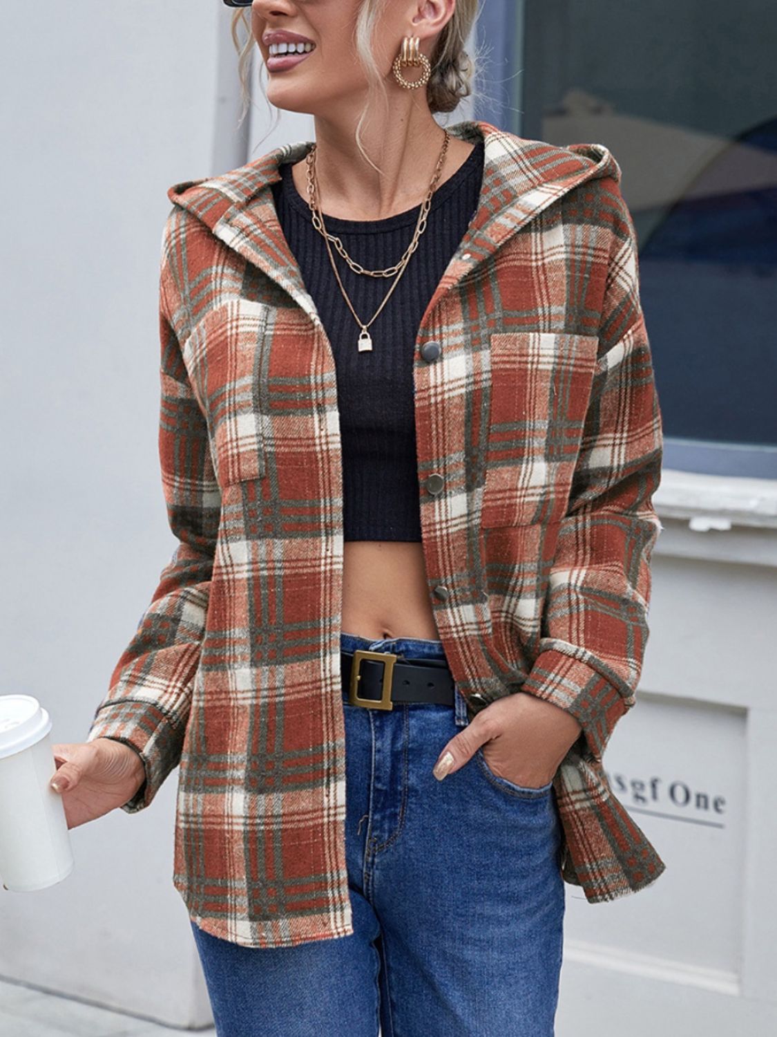 Plaid Button Up Long Sleeve Hooded Jacket Trendsi