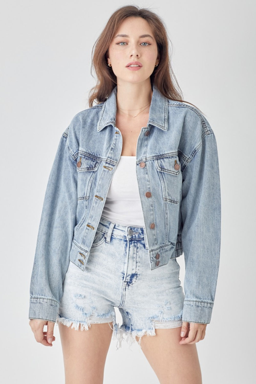 RISEN Full Size Button Down Cropped Denim Jacket - Shop All Around Divas