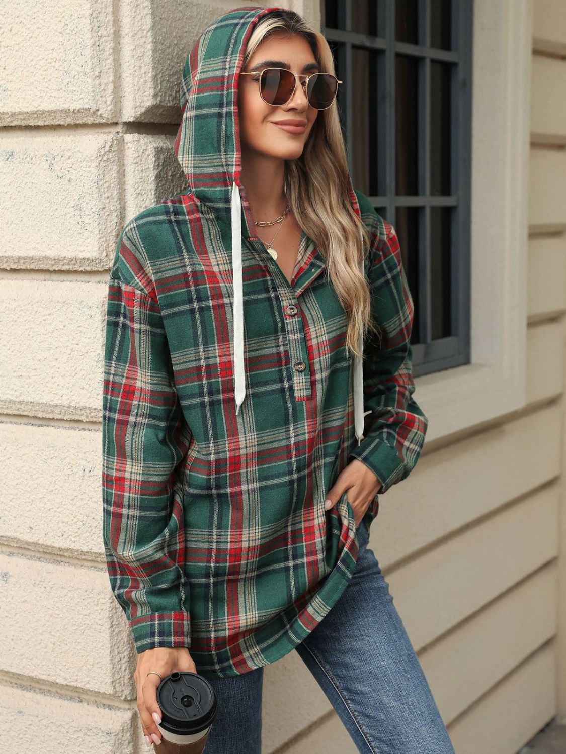 Drawstring Plaid Hooded Long Sleeve Top - 3 Colors