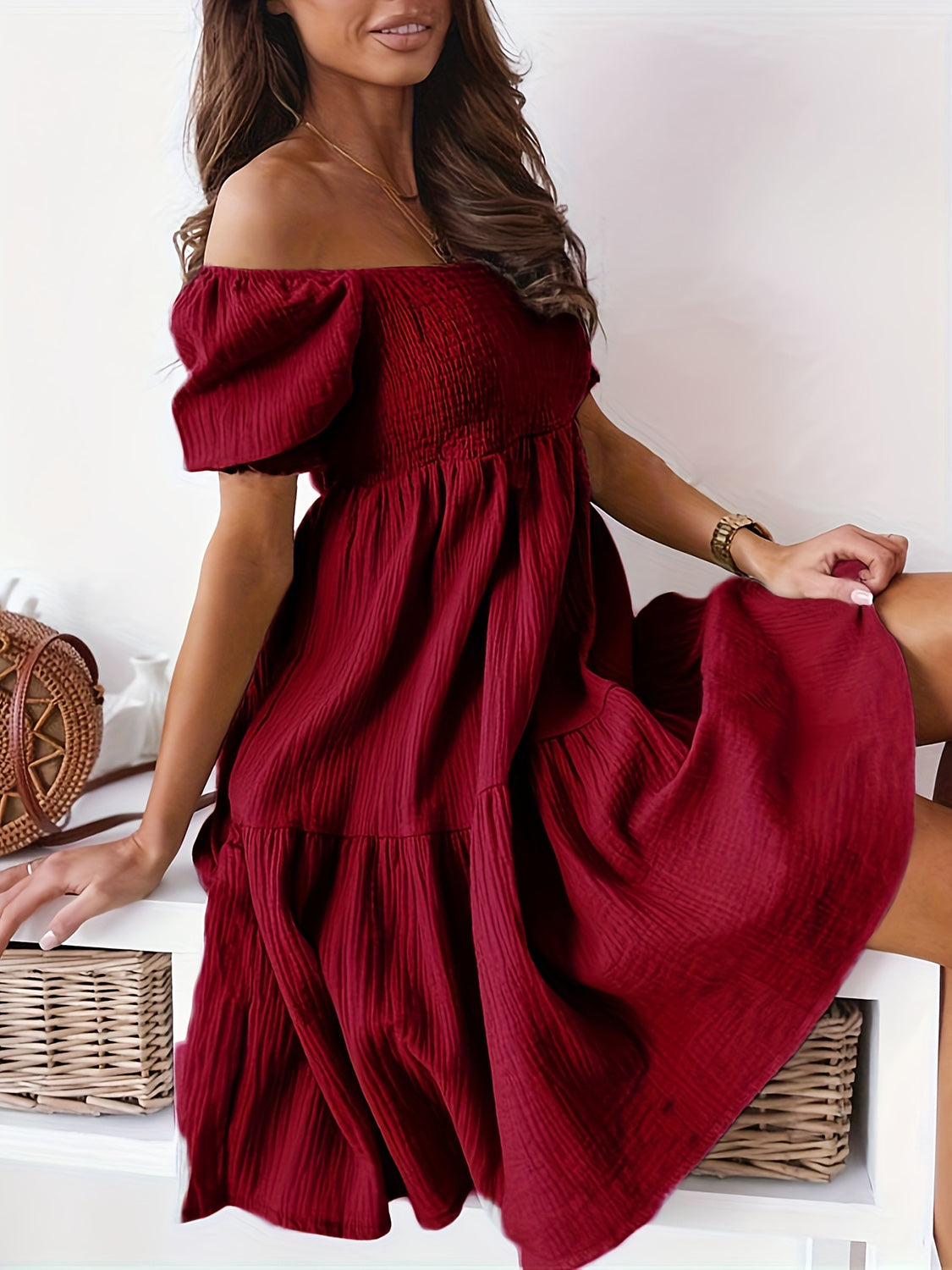 Full Size Ruffled Off-Shoulder Short Sleeve Dress - 7 Colors - Shop All Around Divas