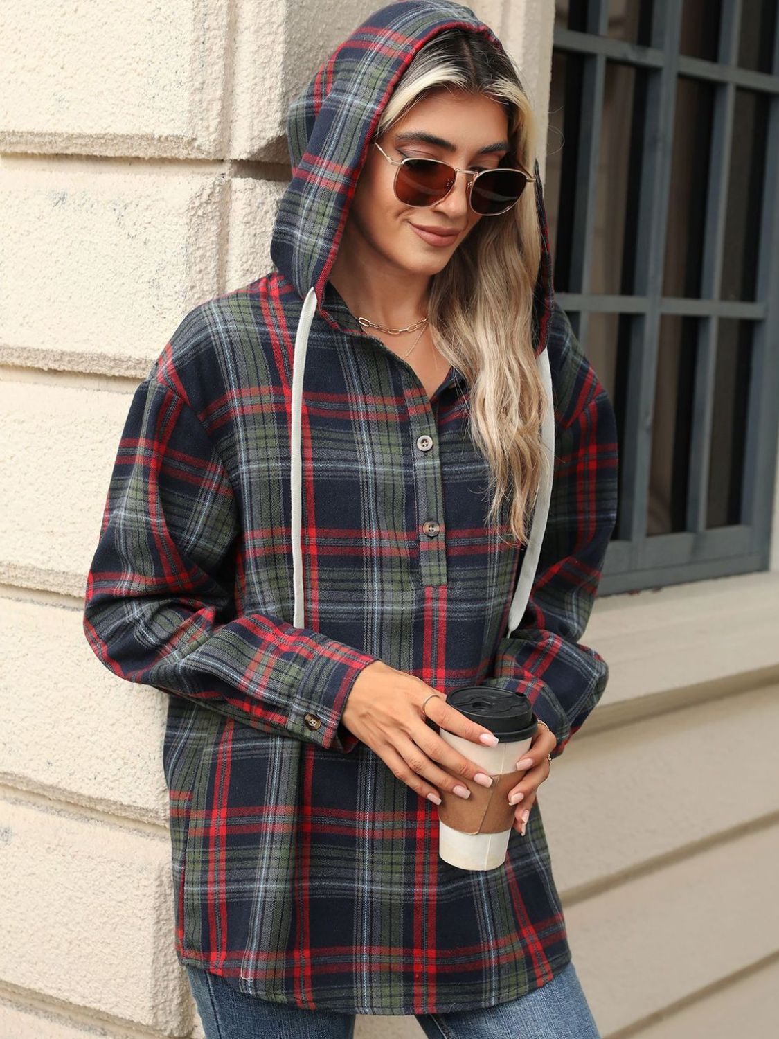 Drawstring Plaid Hooded Long Sleeve Top - 3 Colors