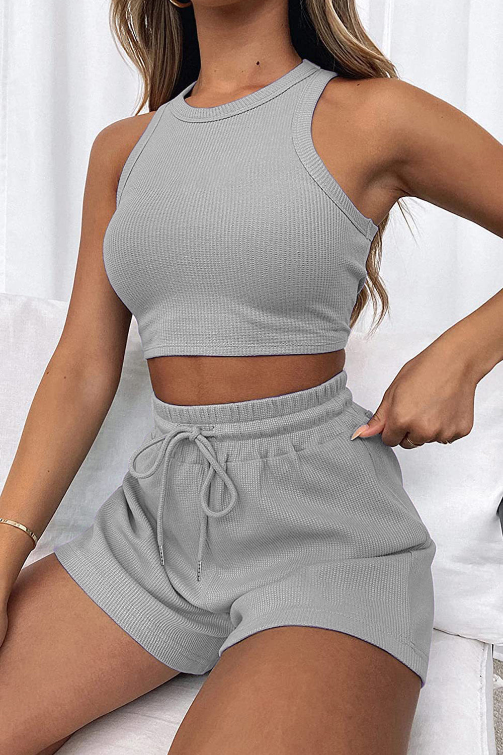 Round Neck Top and Drawstring Shorts Set - 12 Colors
