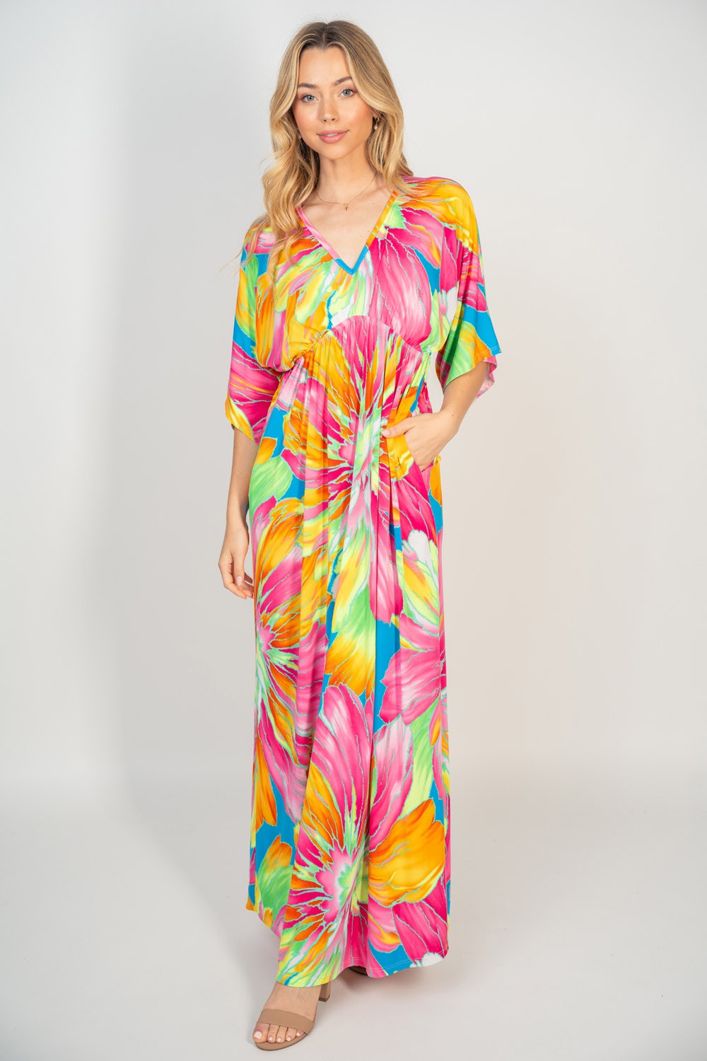 White Birch Printed V-Neck Maxi Dress with Pockets - Shop All Around Divas