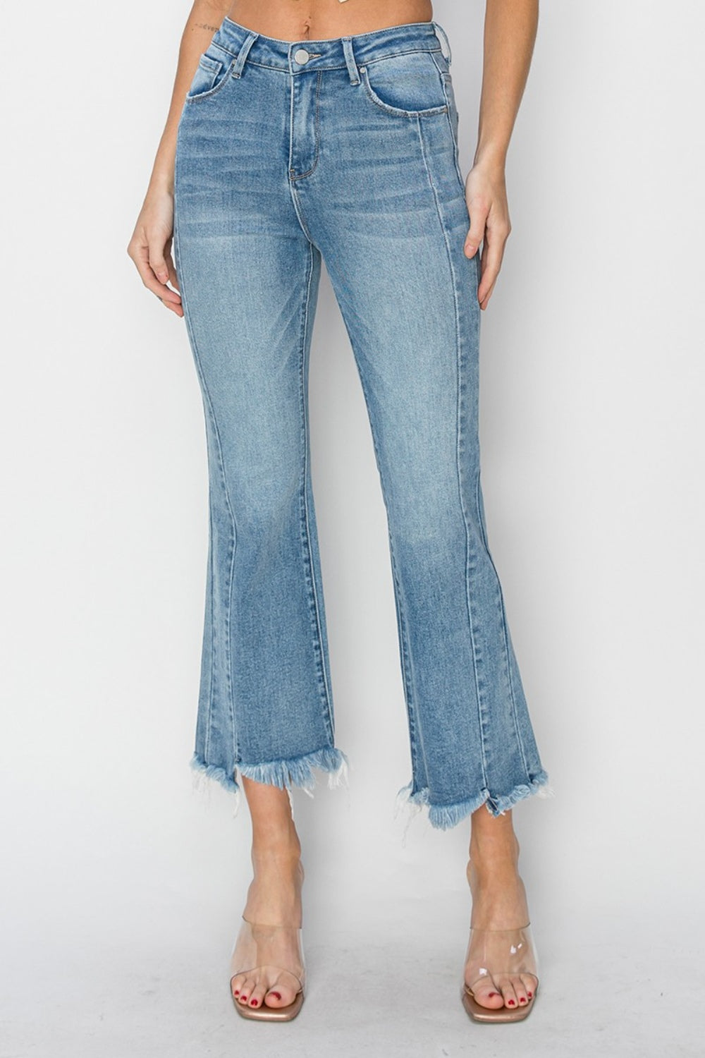 RISEN Full Size High Rise Frayed Hem Flare Jeans - Shop All Around Divas