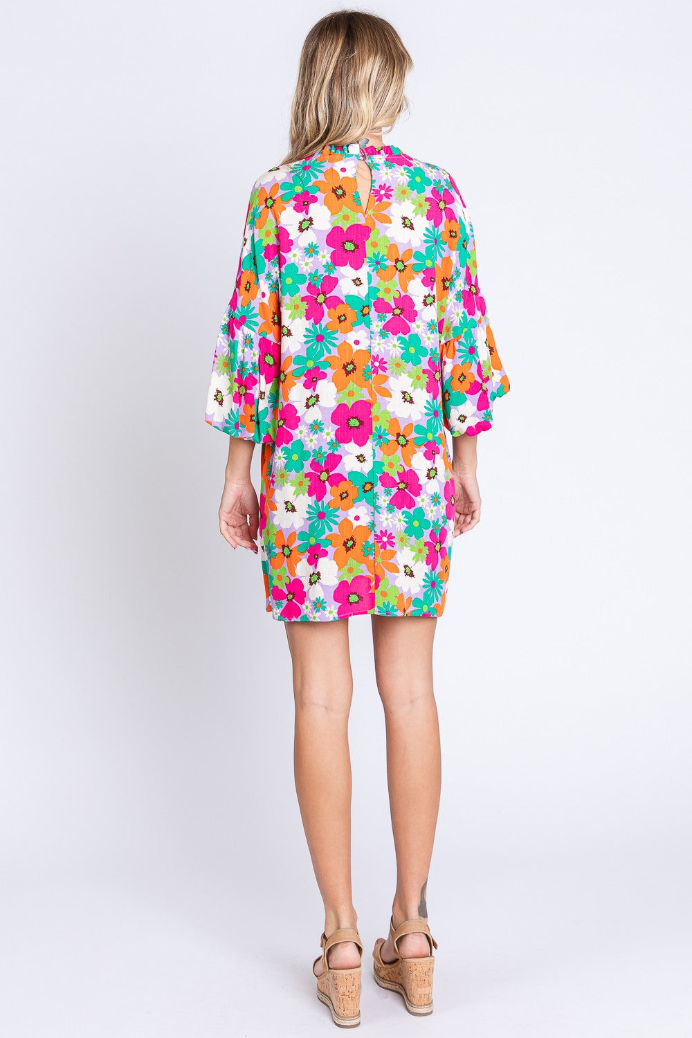 GeeGee Full Size Floral Round Neck Lantern Sleeve Mini Dress - Shop All Around Divas