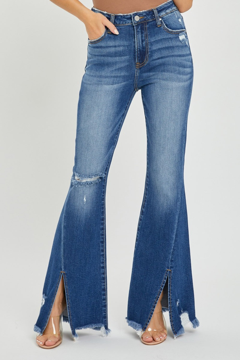 RISEN Full Size High Rise Front Slit Frayed Hem Flare Jeans Trendsi