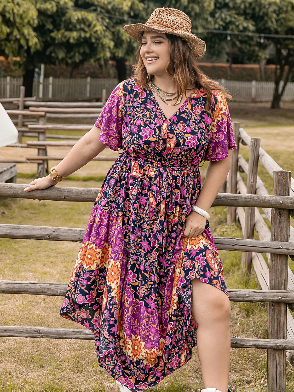 Plus Size Printed V-Neck Flutter Sleeve Midi Dress - Shop All Around Divas