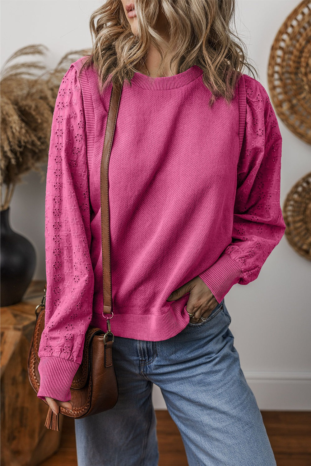 Eyelet Round Neck Long Sleeve Sweatshirt - 5 colors Trendsi