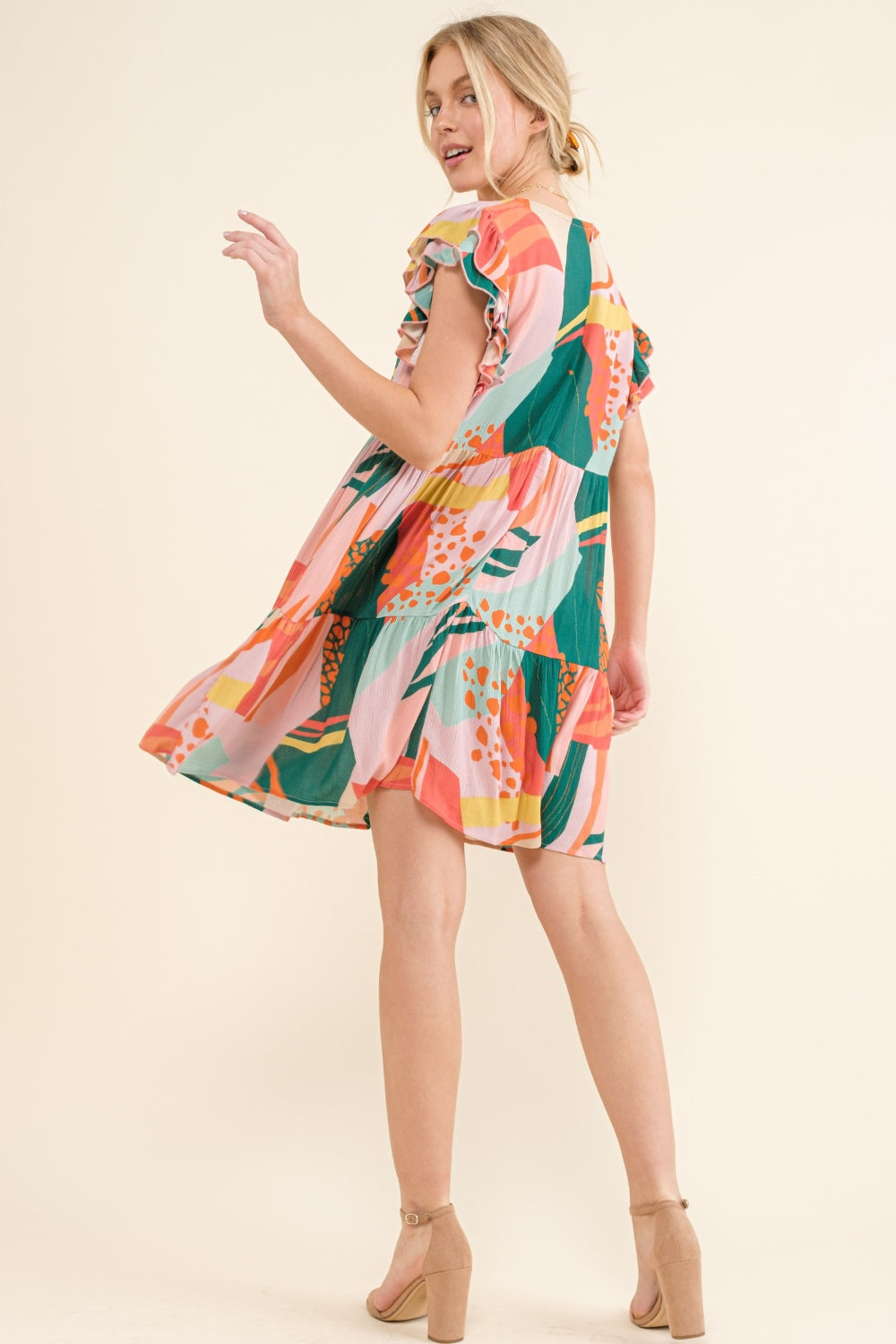 And The Why Printed Double Ruffle Sleeve Dress - Shop All Around Divas