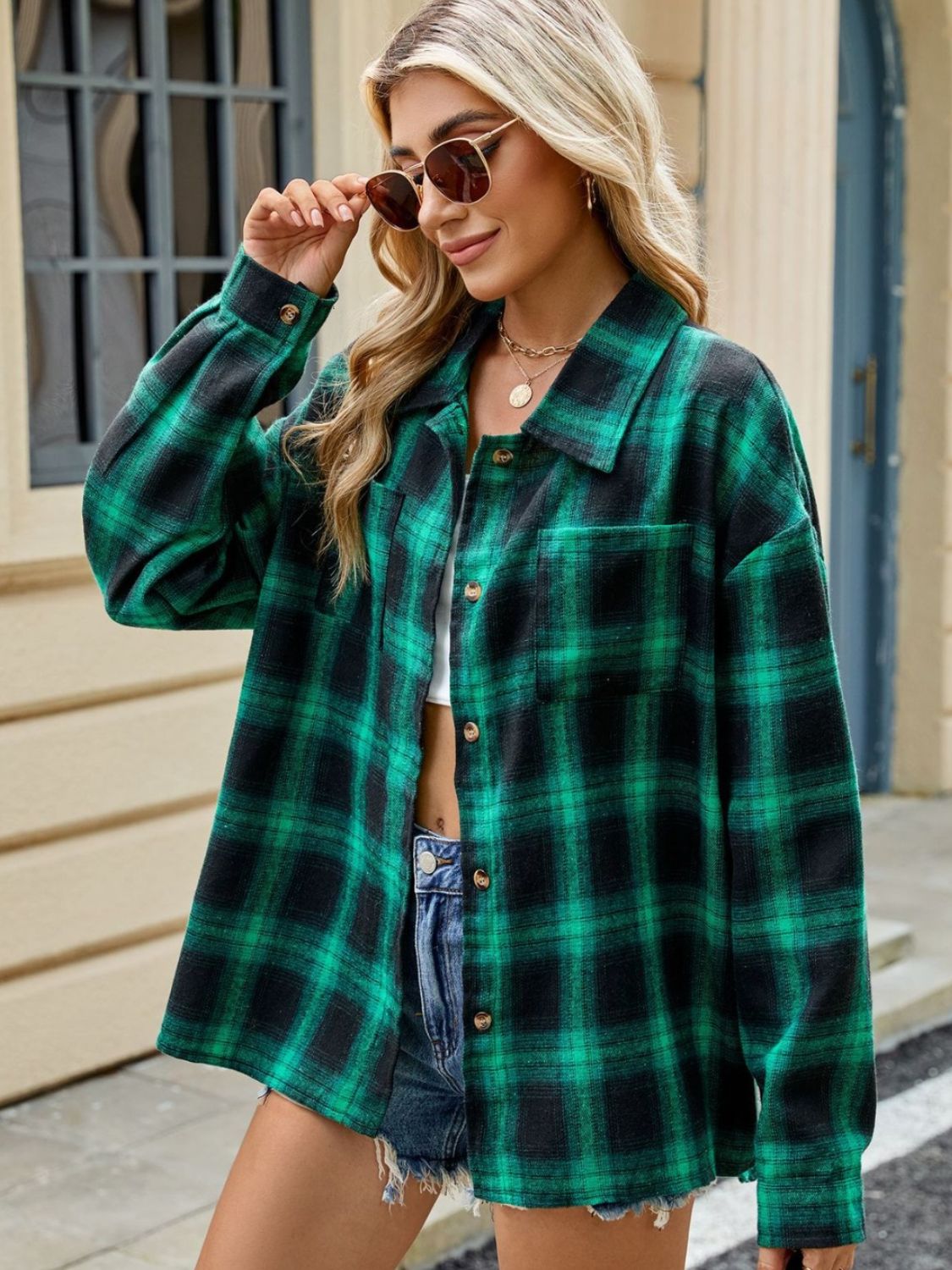 Elena Plaid Collared Neck Long Sleeve Shirt - 7 Styles Trendsi