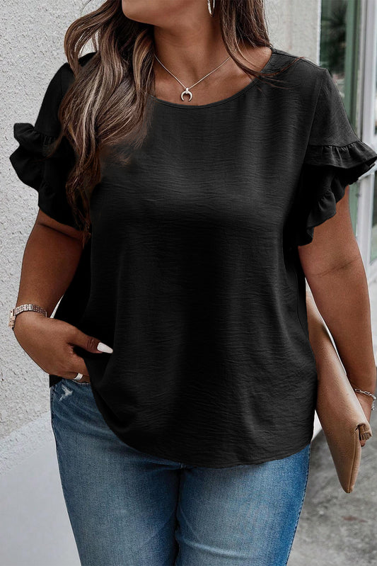 Plus Size Ruffled Round Neck Short Sleeve Blouse - 3 Colors - Shop All Around Divas
