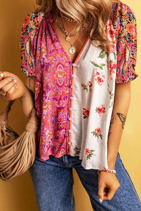 Printed V-Neck Short Sleeve Blouse - Shop All Around Divas
