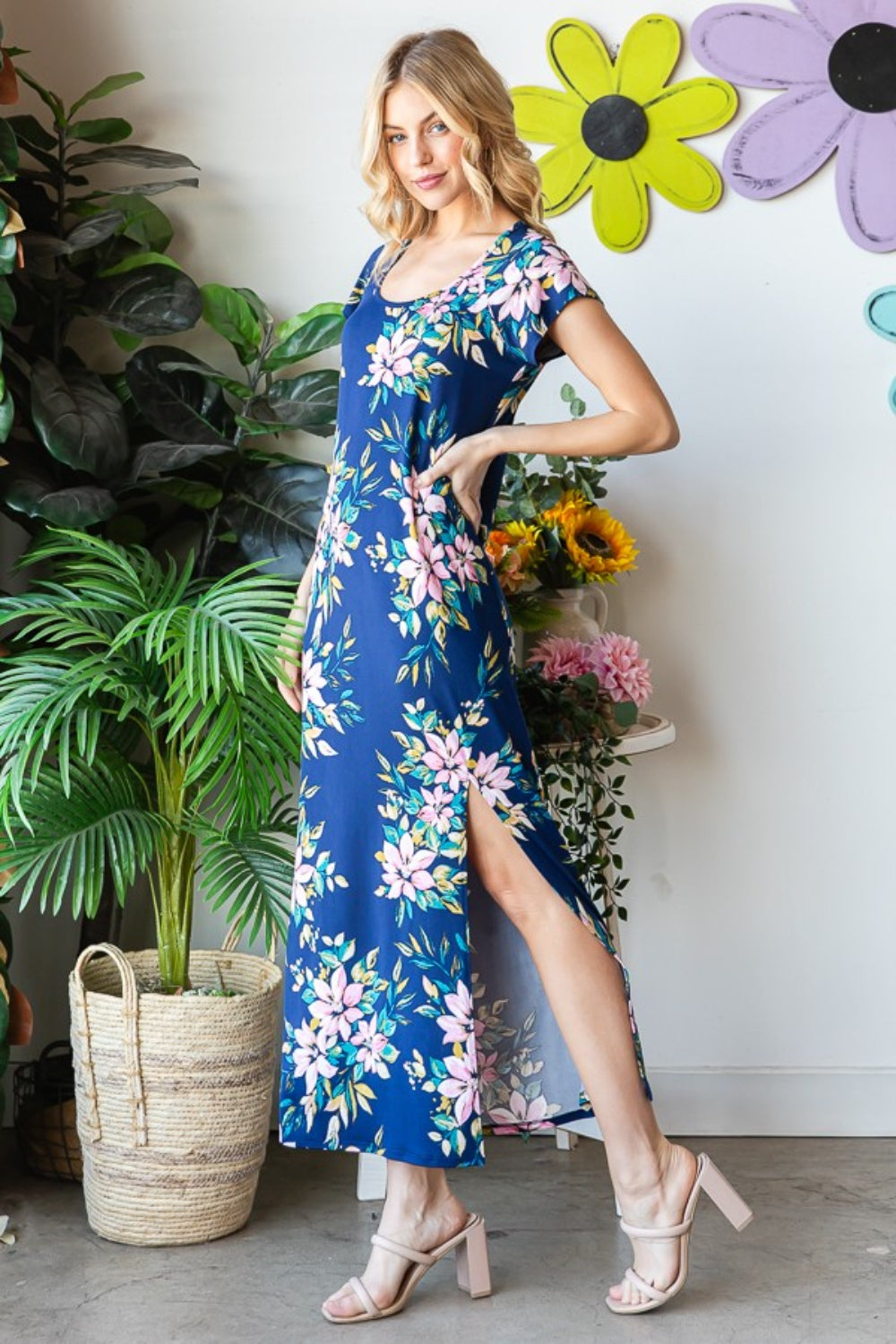 Heimish Full Size Floral Short Sleeve Slit Dress - Shop All Around Divas