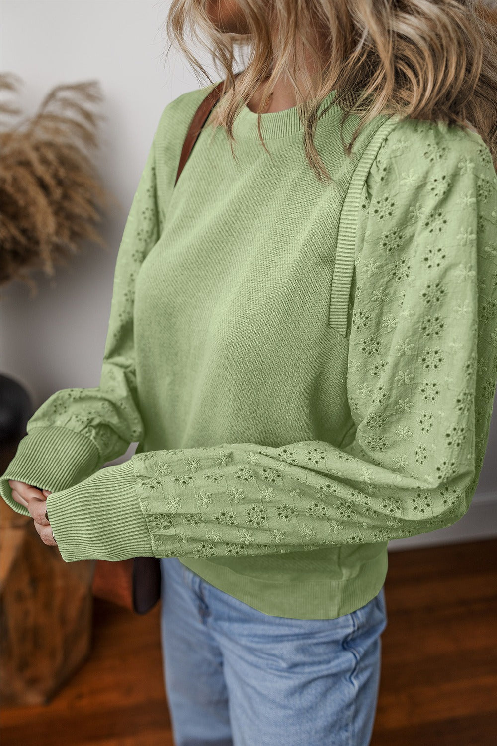 Eyelet Round Neck Long Sleeve Sweatshirt - 5 colors Trendsi
