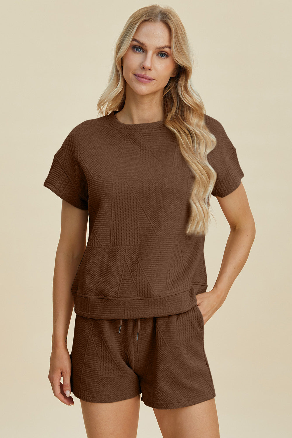 Double Take Full Size Texture Short Sleeve Top and Shorts Set - 5 Colors Trendsi