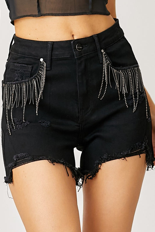 RISEN Frayed Hem Denim Shorts with Fringe Detail Pockets - Shop All Around Divas