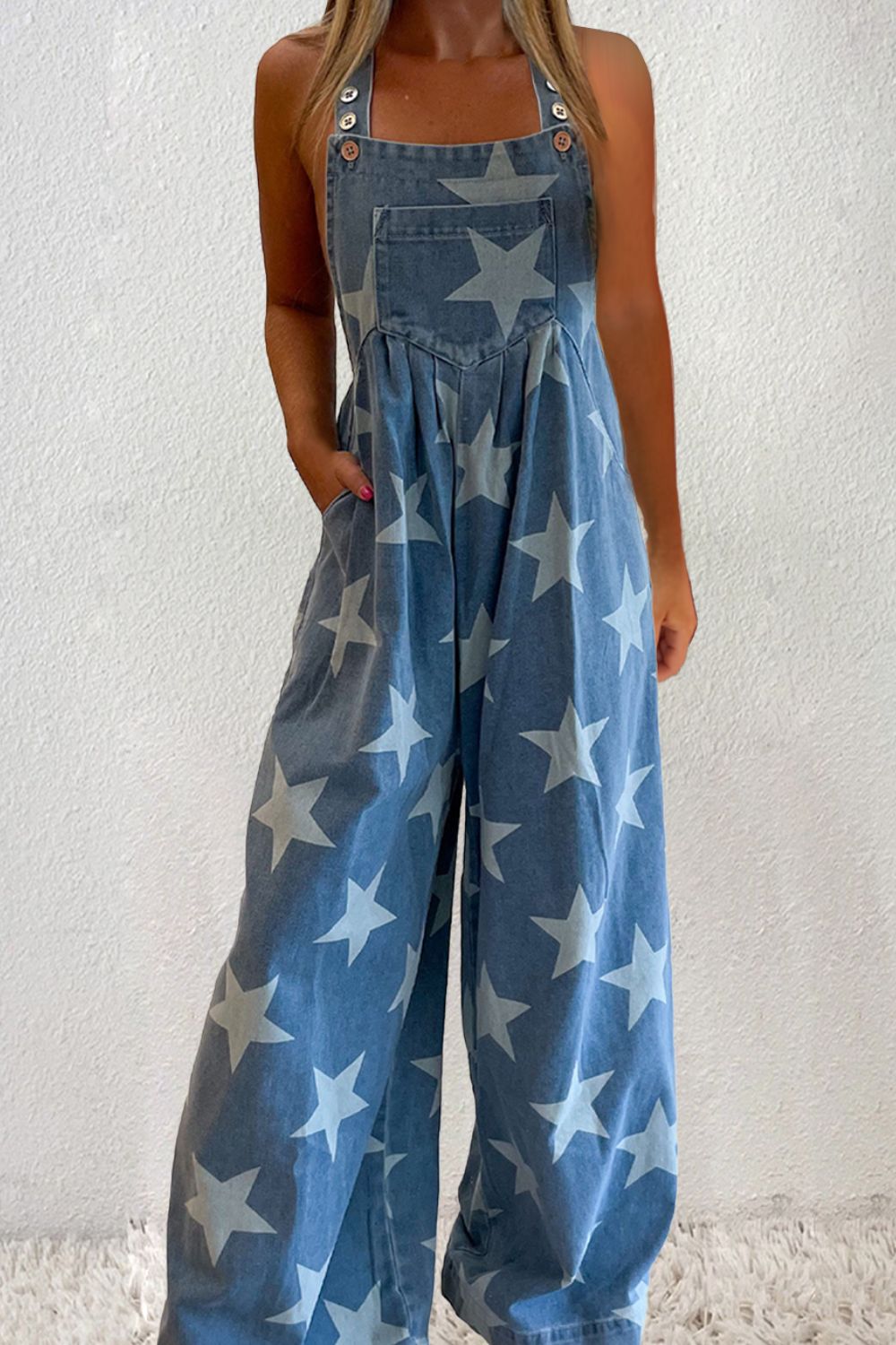 Star Square Neck Wide Leg Denim Overalls - Shop All Around Divas