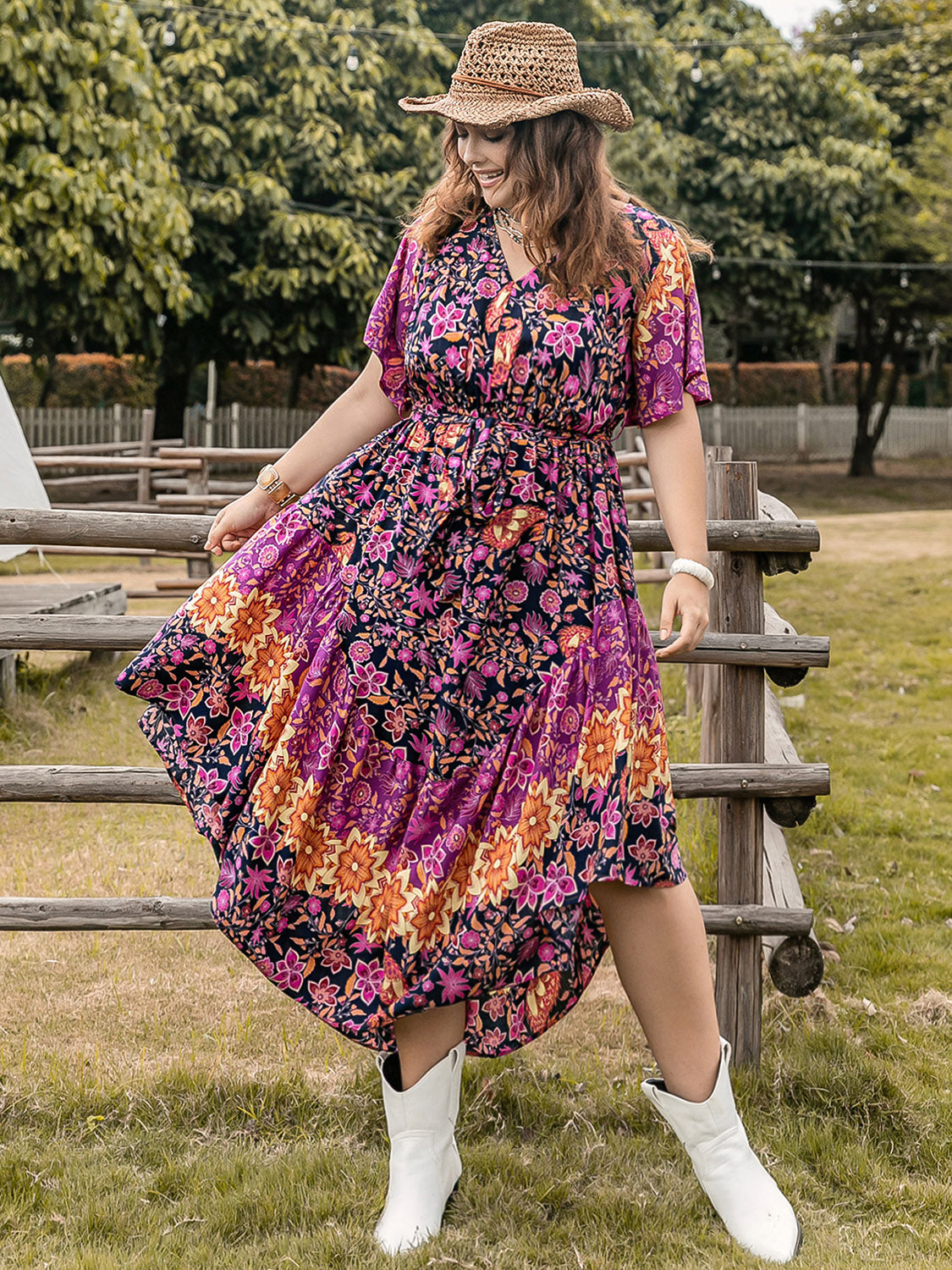 Plus Size Printed V-Neck Flutter Sleeve Midi Dress - Shop All Around Divas