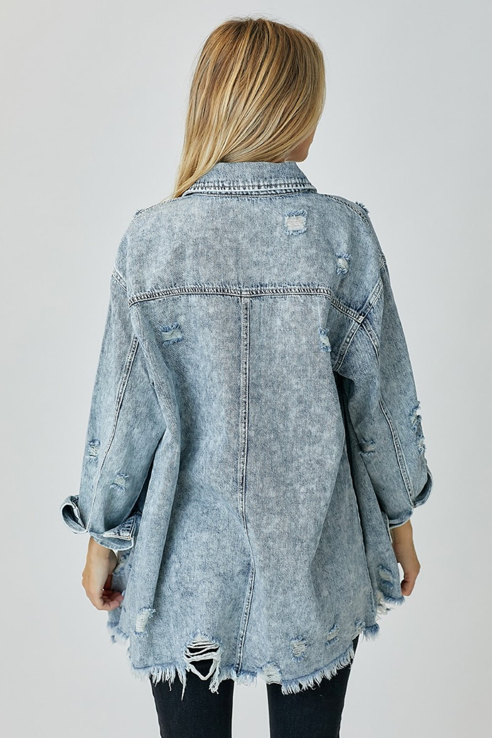 RISEN Distressed Raw Hem Denim Shirt - Shop All Around Divas