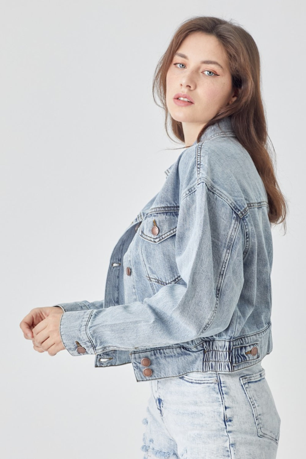 RISEN Full Size Button Down Cropped Denim Jacket - Shop All Around Divas