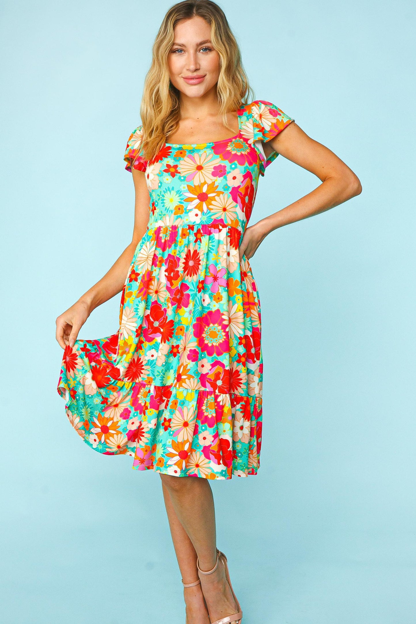 Haptics Floral Square Neck Short Sleeve Dress - Shop All Around Divas