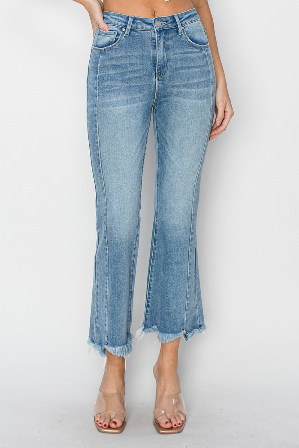 RISEN Full Size High Rise Frayed Hem Flare Jeans - Shop All Around Divas