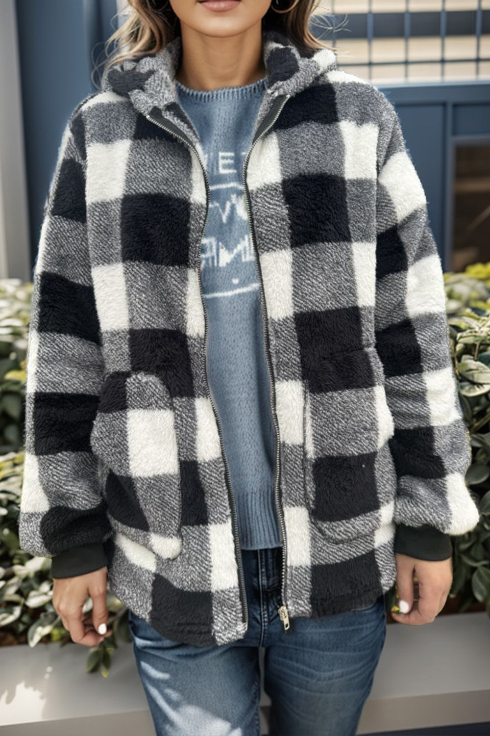 Double Take Full Size Plaid Long Sleeve Hooded Coat - 4 Colors