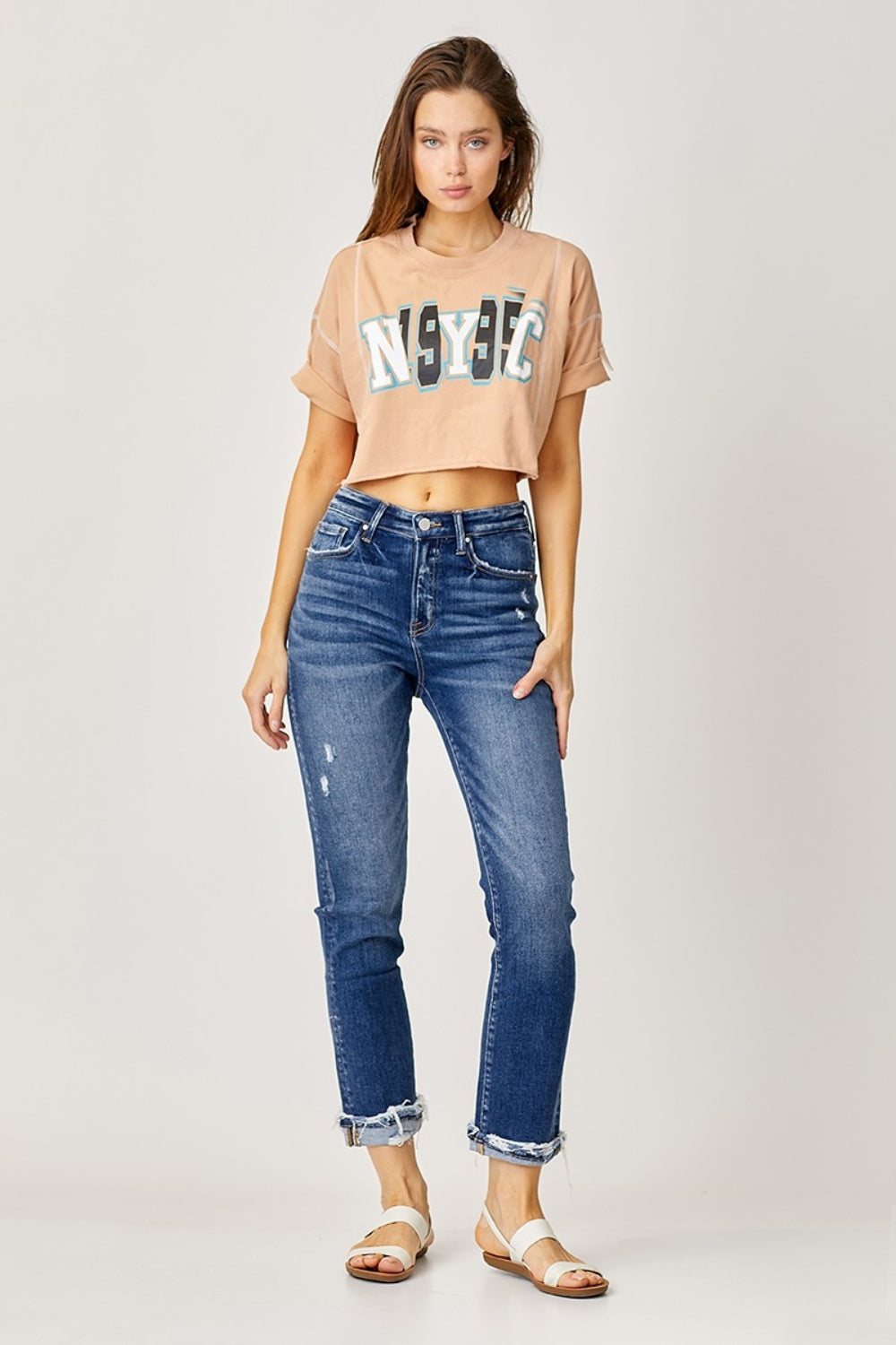 Risen Full Size High-Rise Frayed Cuffed Straight Jeans Trendsi