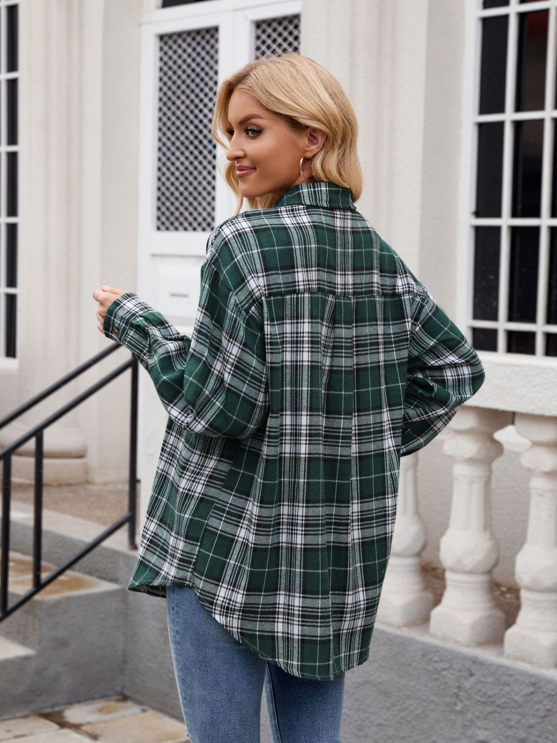 Pocketed Plaid Collared Neck Long Sleeve Shirt- 6 Styles Trendsi