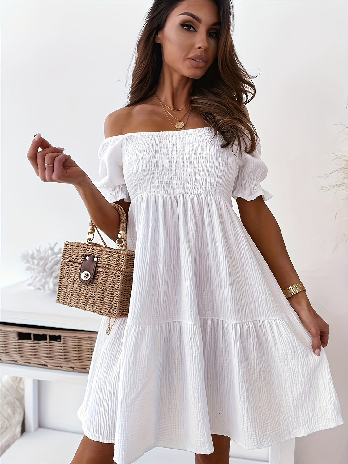 Full Size Ruffled Off-Shoulder Short Sleeve Dress - 7 Colors - Shop All Around Divas