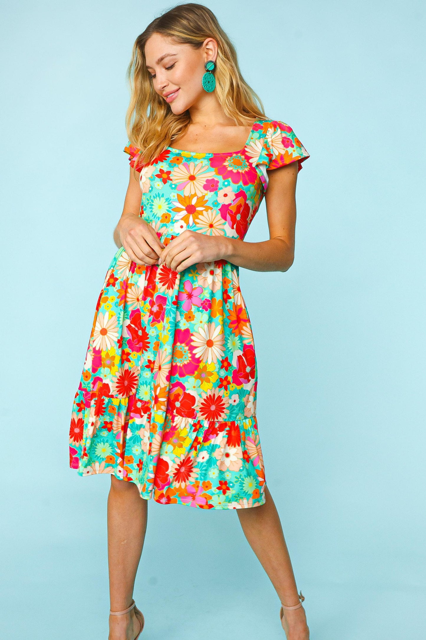 Haptics Floral Square Neck Short Sleeve Dress - Shop All Around Divas