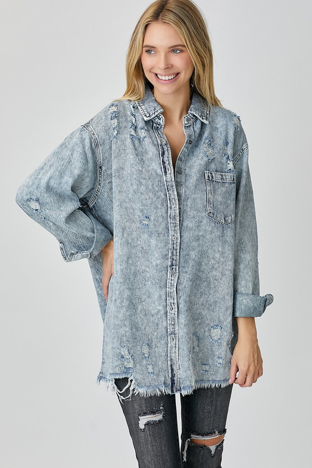 RISEN Distressed Raw Hem Denim Shirt - Shop All Around Divas