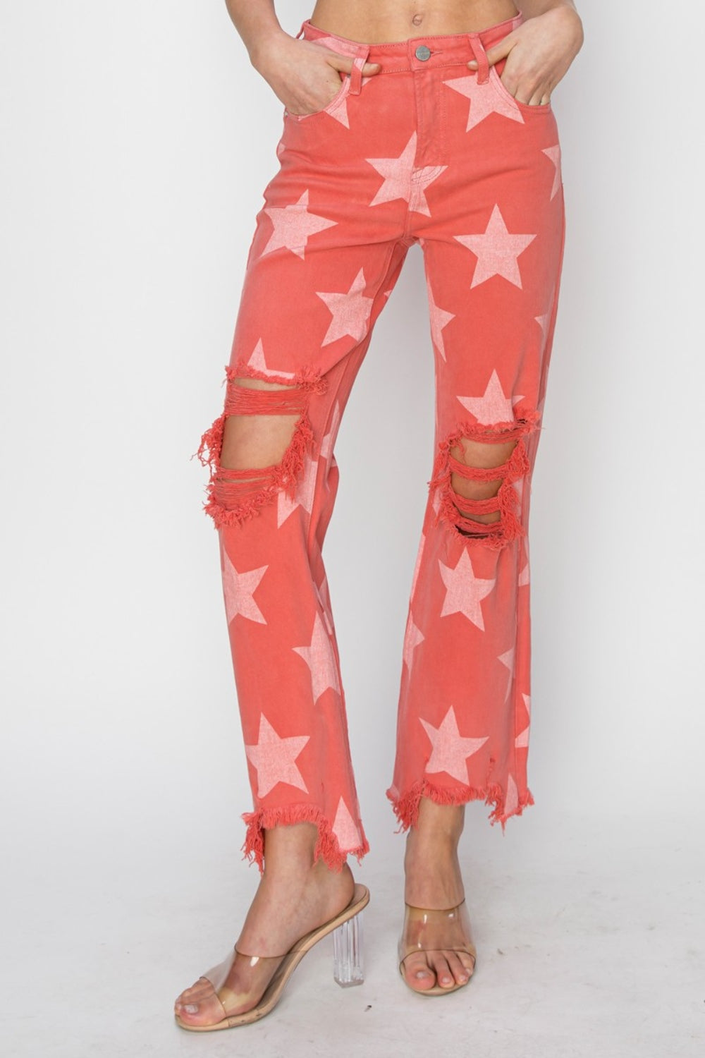 RISEN Full Size Distressed Raw Hem Star Pattern Jeans - Shop All Around Divas