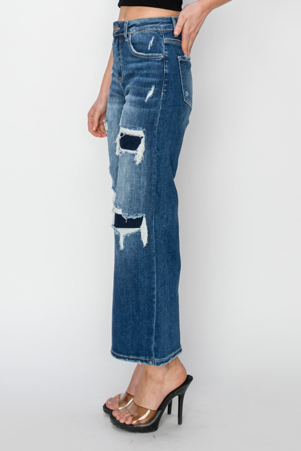 Risen Full Size High Rise Patch Detailed Wide Leg Crop Jeans Trendsi