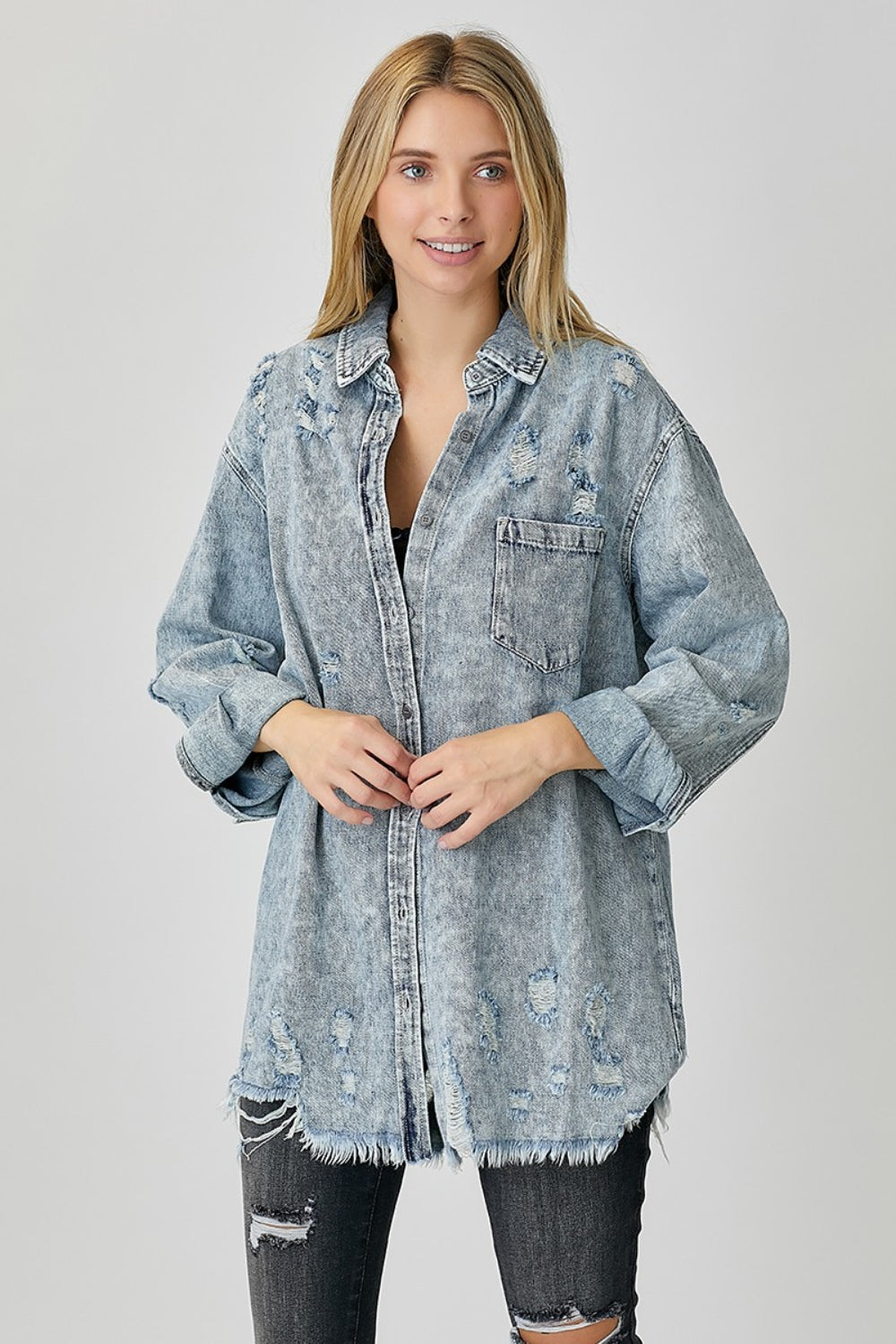 RISEN Distressed Raw Hem Denim Shirt - Shop All Around Divas