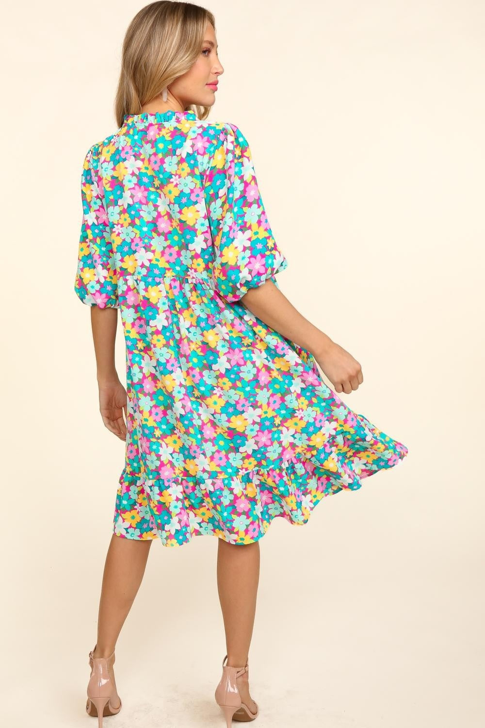 Haptics Bubble Sleeve Floral Ruffled Dress - Shop All Around Divas