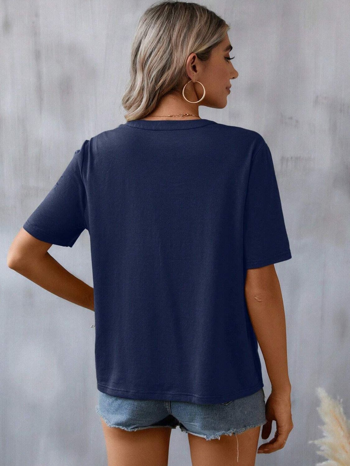 Embroidered Notched Short Sleeve T-Shirt - 5 Colors